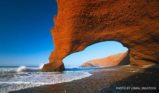 Legzira dramatic natural stone arches reaching over the sea, Atlantic Ocean, Morocco, Africa
