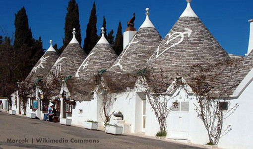 Trulli along Monte Pertica in Alberobello, Bari, Italy.