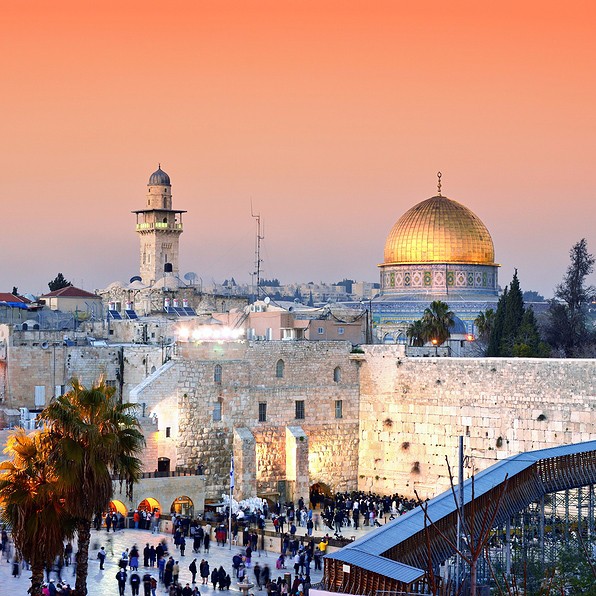 Skyline of the Old City at he Western Wall and Temple Mount in Jerusalem, Israel.