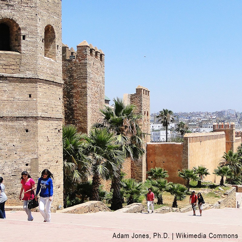 Pedestrians and Kasbah Walls, Rabat, Morocco. 