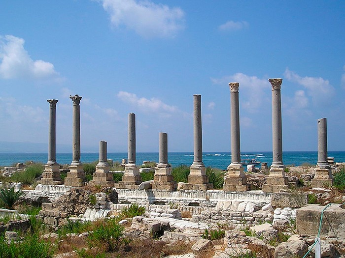 Remains of ancient columns at Al Mina excavation site.